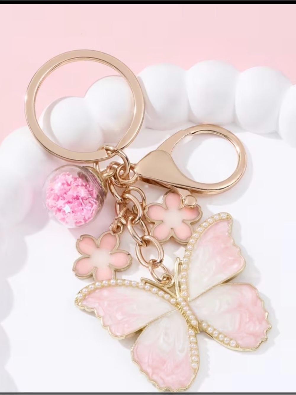 Gold Pink Butterfly Keychain with Floral Charms